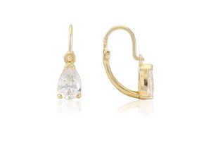 Arany baba és gyermek fülbevaló elölkapcsos fehér csepp alakú kővel - 
