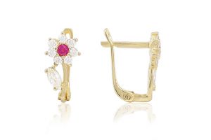 Arany gyermek fülbevaló franciazáras leveles virág pink és fehér kövekkel - 