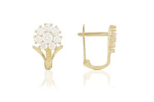 Arany baba és gyermek fülbevaló franciakapcsos ívelt szárú virág fehér kövekkel - 