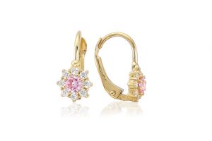 Arany baba fülbevaló patentzáras virág rózsaszín kővel - Arany gyerek fülbevaló