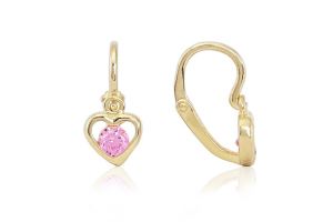 Arany baba fülbevaló elölkapcsos áttört szív nagy rózsaszín kővel - Arany baba fülbevalók