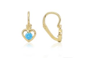 Arany baba fülbevaló elölkapcsos áttört szív nagy világoskék kővel - Arany baba fülbevalók