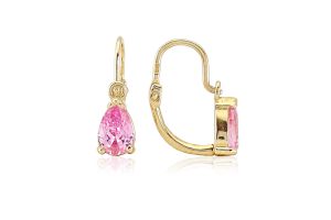 Arany baba és gyermek fülbevaló elölkapcsos rózsaszín csepp alakú kővel - 