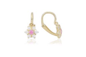 Arany baba fülbevaló elölkapcsos csillagvirág rózsaszín és fehér kövekkel - Arany baba fülbevalók
