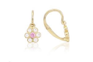 Arany baba fülbevaló elölkapcsos virág rózsaszín és fehér kövekkel - Arany baba fülbevalók