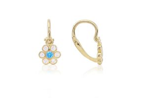 Arany baba fülbevaló elölkapcsos virág világoskék és fehér kövekkel - Arany baba fülbevalók