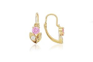 Arany baba és gyermek fülbevaló elölkapcsos kisvirág rózsaszín és fehér kövekkel - Arany gyerek fülbevaló