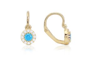 Arany baba fülbevaló elölkapcsos klasszikus stílusú világoskék és fehér kővel - Arany baba fülbevalók