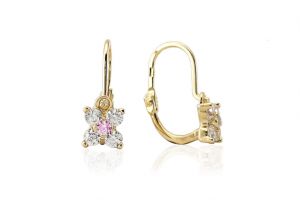 Arany baba fülbevaló elölkapcsos négyszirmú virág rózsaszín közepű - Arany gyerek fülbevaló