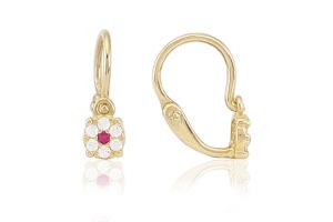 Arany baba fülbevaló elölkapcsos pici virág pink és fehér kövekkel - Arany baba fülbevalók