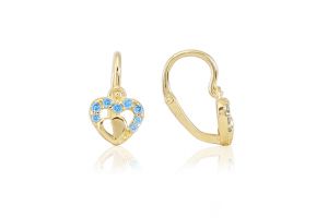 Arany baba fülbevaló elölkapcsos szívben szív világoskék kövekkel - Arany baba fülbevalók