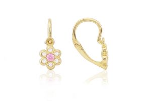 Arany baba fülbevaló elölkapcsos pici virág rózsaszín és fehér kővel - Arany baba fülbevalók
