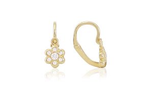 Arany baba fülbevaló elölkapcsos pici virág fehér kővel - Arany baba fülbevalók