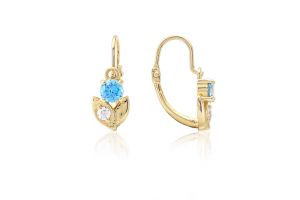 Arany baba és gyermek fülbevaló elölkapcsos kisvirág világoskék és fehér kövekkel - 