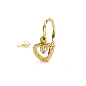 Arany baba fülbevaló fehér kővel - áttört szív forma, 14K előlkapcsos zár - Arany gyerek fülbevaló