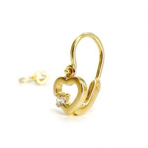 Arany baba fülbevaló fehér oldalt kővel - áttört szív forma, 14K előlkapcsos zár - Arany gyerek fülbevaló