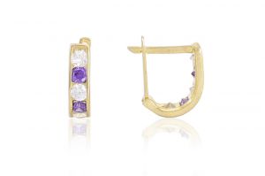 Arany baba fülbevaló franciakapcsos lila és fehér kővel 8mm belső méret - Arany gyerek fülbevaló