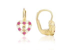 Arany baba fülbevaló patentzáras szívecske pink és fehér kövekkel - Arany baba fülbevalók