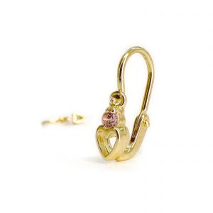 Arany baba fülbevaló rózsaszín kővel - alul áttört szív forma, 14K előlkapcsos zár - Arany baba fülbevalók