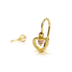 Arany baba fülbevaló rózsaszín kővel - áttört szív forma, 14K előlkapcsos zár - Arany gyerek fülbevaló