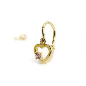 Arany baba fülbevaló rózsaszín oldalt kővel - áttört szív forma, 14K előlkapcsos zár - Arany baba fülbevalók