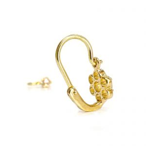 Arany baba fülbevaló áttört virág mintával és rózsaszín kővel - 14K előlkapcsos zár - 