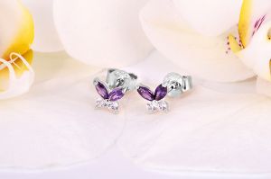 Fehér arany baba és gyermek fülbevaló stekkeres pillangó lila és fehér kövekkel - Arany baba fülbevalók