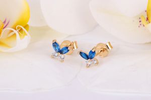 Arany baba és gyermek fülbevaló stekkeres pillangó sötétkék és fehér kövekkel - 