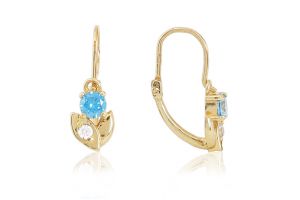 Arany fülbevaló elölkapcsos virág világoskék és fehér kövekkel - Arany gyerek fülbevaló