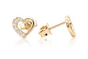 Arany fülbevaló stekkeres keret szív félig fehér kövekkel - Arany gyerek fülbevaló