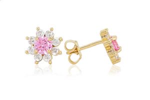 Arany fülbevaló stekkeres nagy virág rózsaszín kővel - 