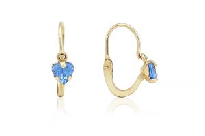 Arany gyermek fülbevaló elölkapcsos foglaltköves szívecske kék kővel - Arany gyerek fülbevaló