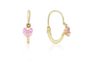 Arany gyermek fülbevaló elölkapcsos foglaltköves szívecske rózsaszín - Arany gyerek fülbevaló