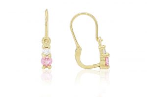 Arany gyermek fülbevaló elölkapcsos szoliter rózsaszín és fehér kővel - Ezüst gyerek fülbevaló