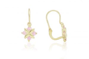 Arany gyermek fülbevaló elölkapcsos négy foglalt rózsaszín kővel - 