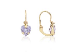 Arany gyermek fülbevaló elölkapcsos foglalt köves nagy szívecske lila kővel - Arany gyerek fülbevaló