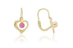 Arany gyermek fülbevaló elölkapcsos asszimmetrikus szívecske élénk rózsaszín kővel - 