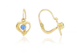 Arany gyermek fülbevaló elölkapcsos asszimmetrikus szívecske kék kővel - 