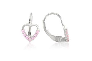 Ezüst gyermek fülbevaló patentzáras áttört szívecske félig rózsaszín köves - Ezüst gyerek fülbevaló