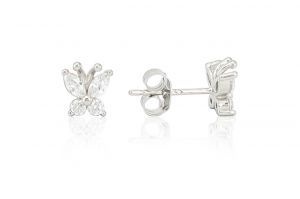 Ezüst gyermek fülbevaló bedugós ródiumbevonatos pillangó fehér kövekkel  - Ezüst gyerek fülbevaló