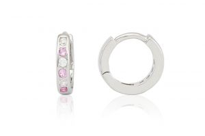 Ezüst gyermek fülbevaló keskeny karika fehér és rózsaszín kövekkel 8mm ródiumbevonatos - 