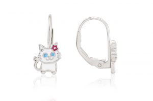 Ezüst gyermek fülbevaló patentzáras festett cica apró kövekkel ródiumbevonatos - Ezüst gyerek fülbevaló
