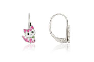 Ezüst gyermek fülbevaló patentzáras festett cica ródiumbevonatos - Ezüst gyerek fülbevaló