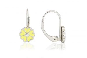 Ezüst gyermek fülbevaló patentzáras festett virág pici kővel ródiumbevonatos - Ezüst gyerek fülbevaló