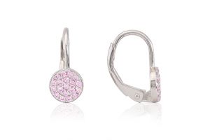 Ezüst fülbevaló patentzáras kör díszítéssel rózsaszín köves - 