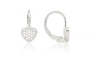 Ezüst gyermek fülbevaló patentzáras szívecske fehér köves ródiumbevonatos - Ezüst gyerek fülbevaló