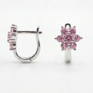 Ezüst baba és gyermek fülbevaló franciakapcsos 6szirmú virág rózsaszín kövekkel ródiumbevonatos - 