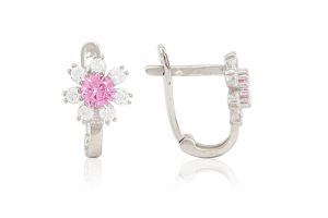 Fehér arany baba és gyermek fülbevaló franciakapcsos virág alakú rózsaszín és fehér kövekkel - Arany gyerek fülbevaló