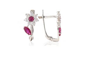 Magenta és fehér köves, virágmintás fehérarany baba fülbevaló - 