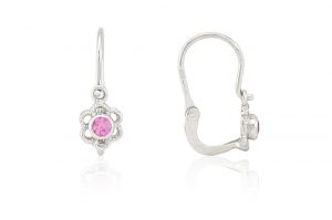 Fehér arany gyermek fülbevaló elölkapcsos áttört virág rózsaszín kővel - 